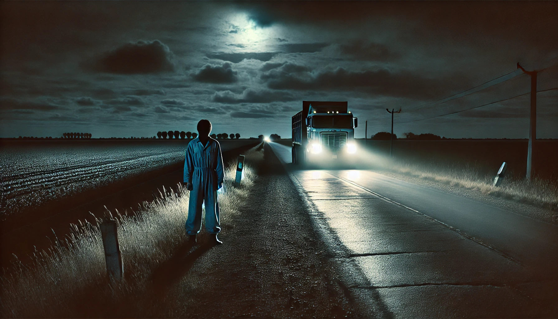 Carretera oscura en Argentina con un fantasma de camionero en la orilla, bajo un cielo ominoso y luces parpadeantes.