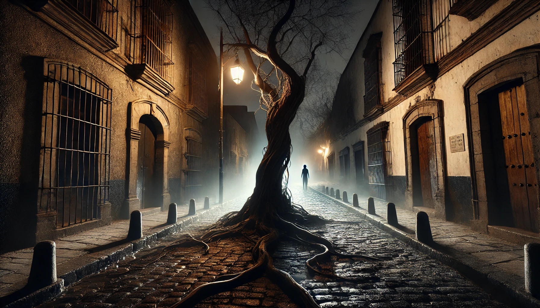 Callejón del Aguacate en Coyoacán, Ciudad de México, con un árbol de aguacate antiguo rodeado de sombras y una figura fantasmal de un niño. Ambiente nocturno y misterioso.